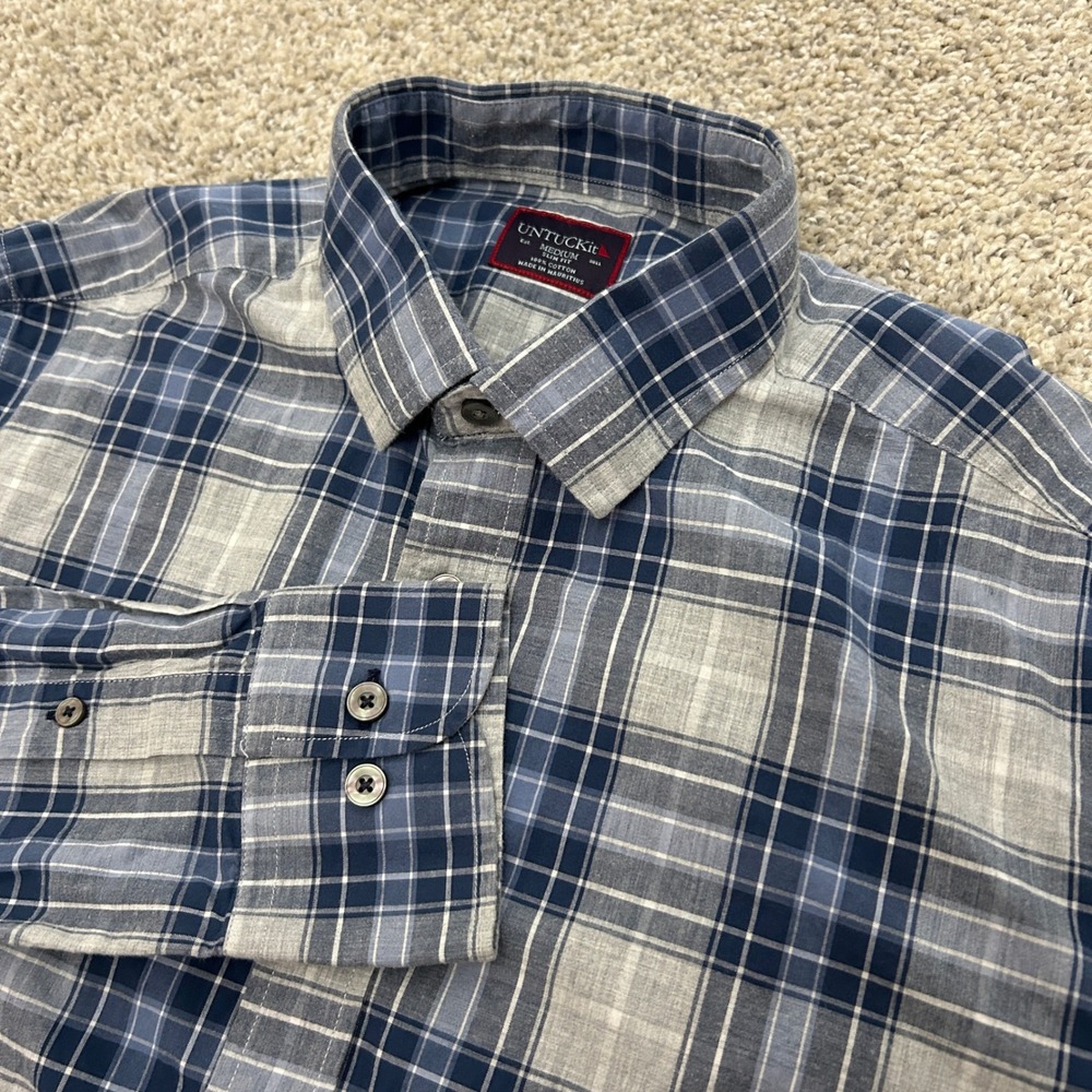 UNTUCKit Nelson Button Up Shirt Medium Blue‎ Grey Plaid Slim Fit Cotton